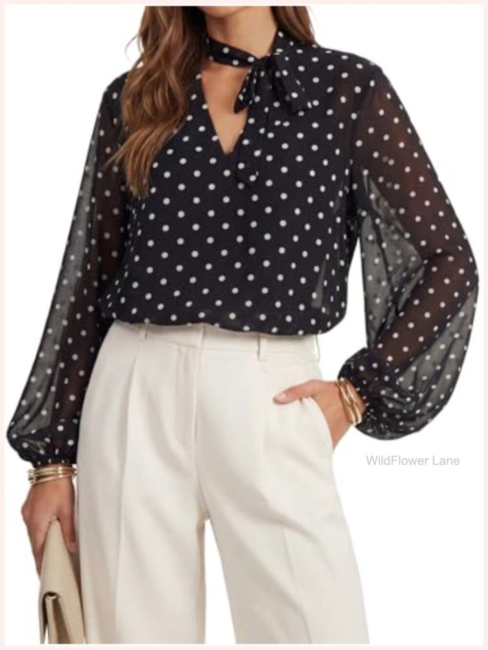 Women's Chiffon Polka Dot Tie V Neck Blouse